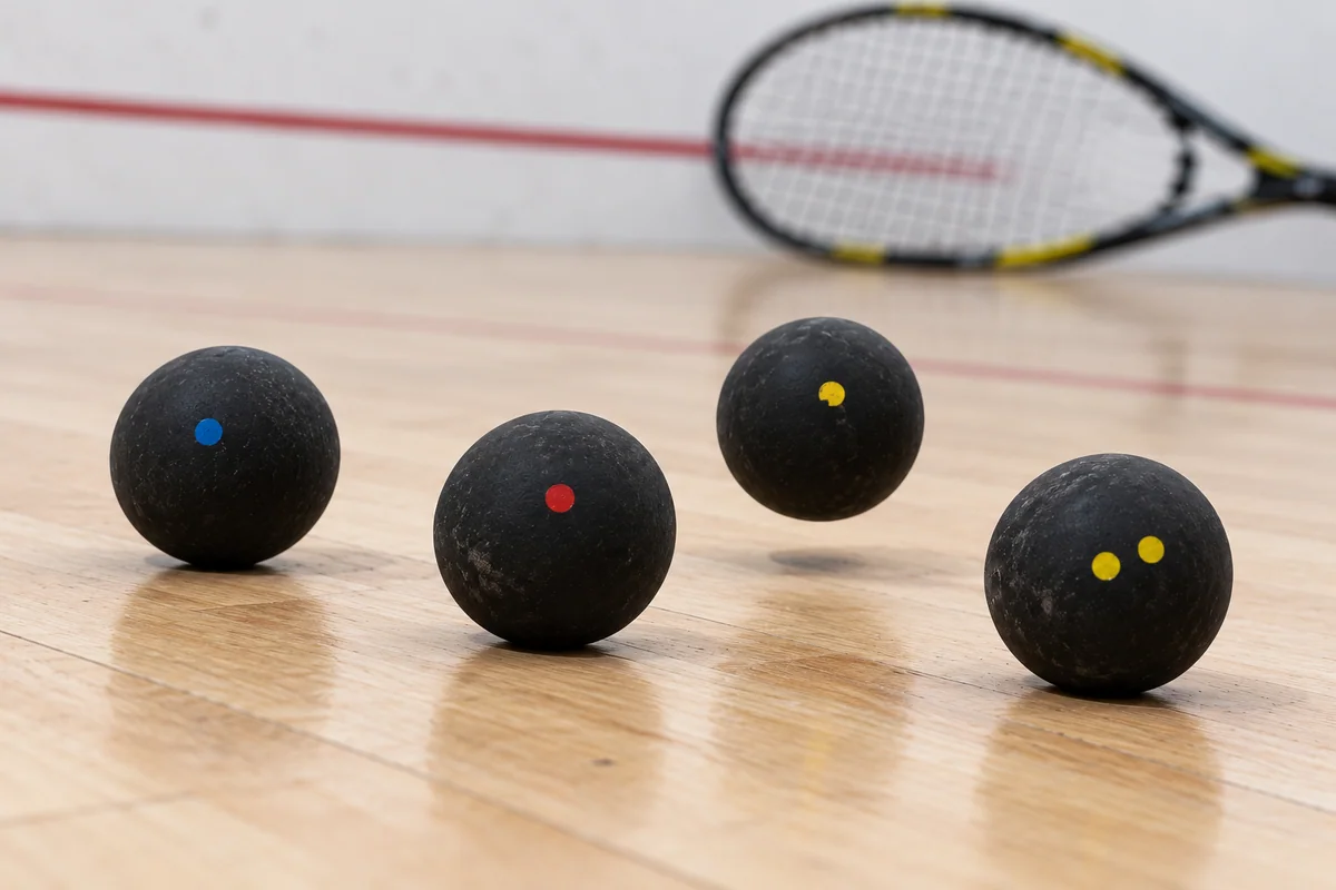 Ahşap kortta mavi, kırmızı, tek sarı ve çift sarı noktalarla işaretlenmiş dört squash topu
